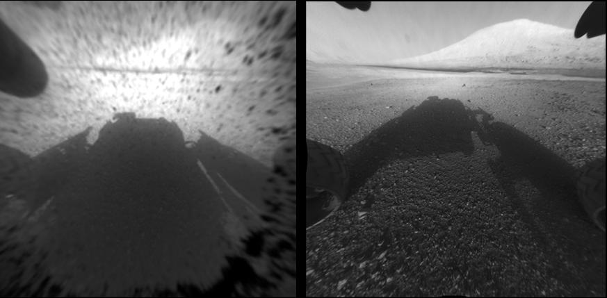 Premières images capturées par Curiosity, lors de son arrivée sur Mars, le 7 août 2012. (c) NASA