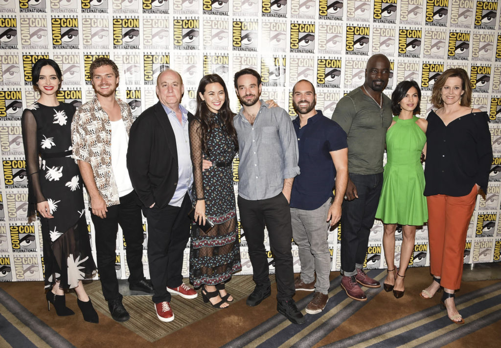 Krysten Ritter, Finn Jones, Jeph Loeb, Executive Producer, Jessica Henwick, Charlie Cox, Marco Ramirez, Executive Producer, Mike Colter, Elodie Yung and Sigourney Weaver