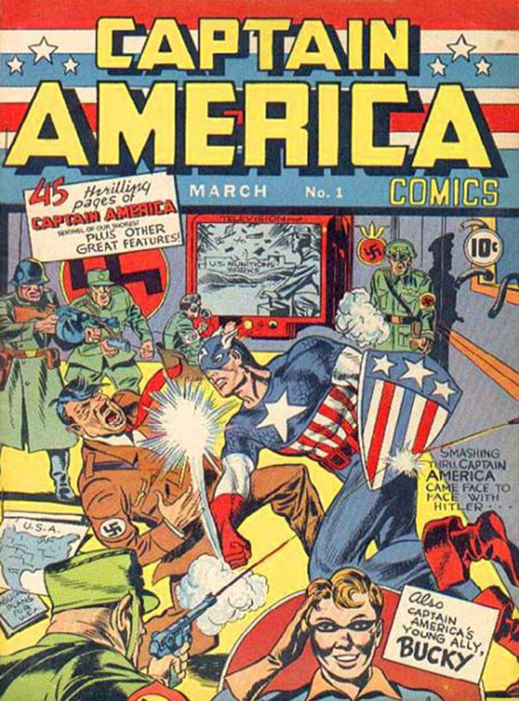 Couverture du tout premier numéro des aventures de Captain America, qui commence donc sa carrière par une petite droite à Hitler.