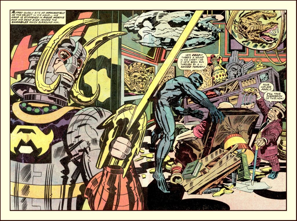 Double page du premier numéro de la série Black Panther de 1977, alors que Jack Kirby fait son grand retour chez Marvel