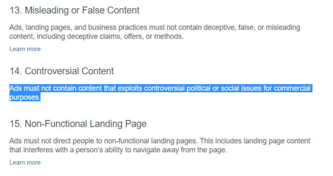 Facebook exprime clairement son refus des contenus politisés dans sa charte / Capture d'écran Numerama Facebook exprime clairement son refus des contenus politisés dans sa charte / Capture d'écran Numerama
