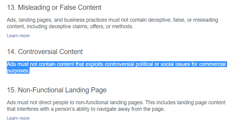 Facebook exprime clairement son refus des contenus politisés dans sa charte / Capture d'écran Numerama