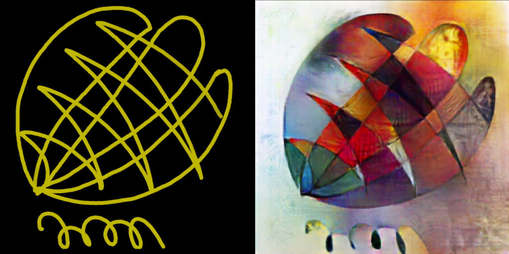 Exemple de ce qu'est capable de produire Vincent. À gauche, le dessin réalisé par un humain. À droite, le rendu de la machine. 
