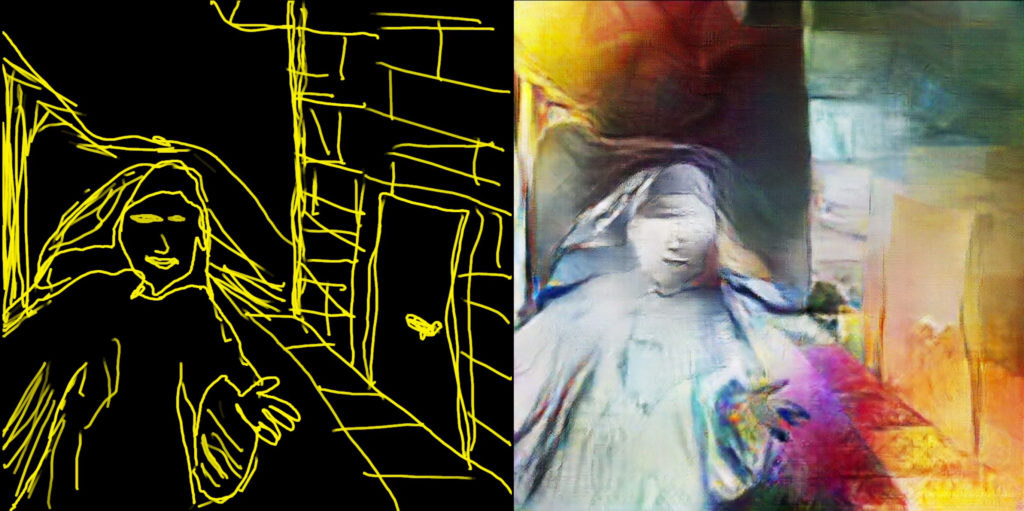 Exemple de ce qu'est capable de produire Vincent. À gauche, le dessin réalisé par un humain. À droite, le rendu de la machine. 