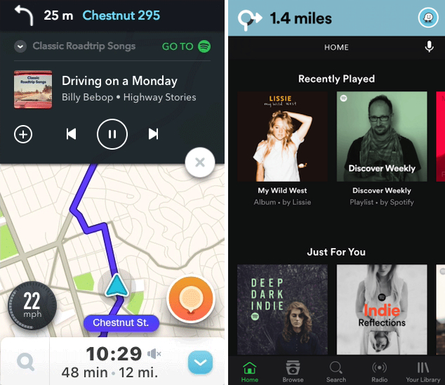 À gauche, le player Spotify dans Waze. À droite, les instructions de navigation de Waze dans Spotify. 