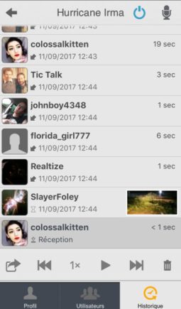 Capture d'écran des messages archivés sur Zello, disponibles à la réécoute