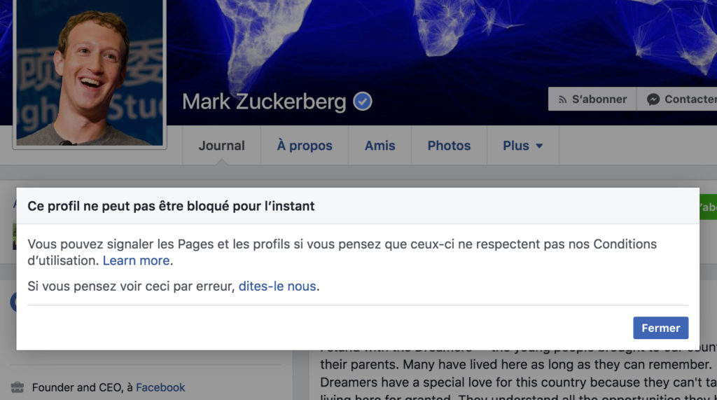 Capture d'écran de notre tentative de bloquer Mark Zuckerberg. Un échec.