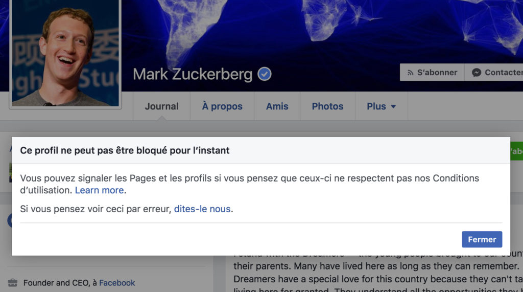 Capture d'écran de notre tentative de bloquer Mark Zuckerberg. Un échec. Capture d'écran de notre tentative de bloquer Mark Zuckerberg. Un échec.