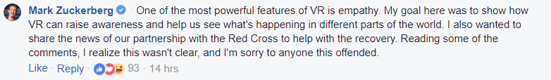 Capture d'écran d'un commentaire de M. Zuckerberg Capture d'écran d'un commentaire de M. Zuckerberg