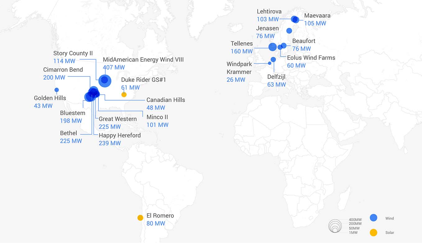 Les zones d'approvisionnement énergétique de Google.