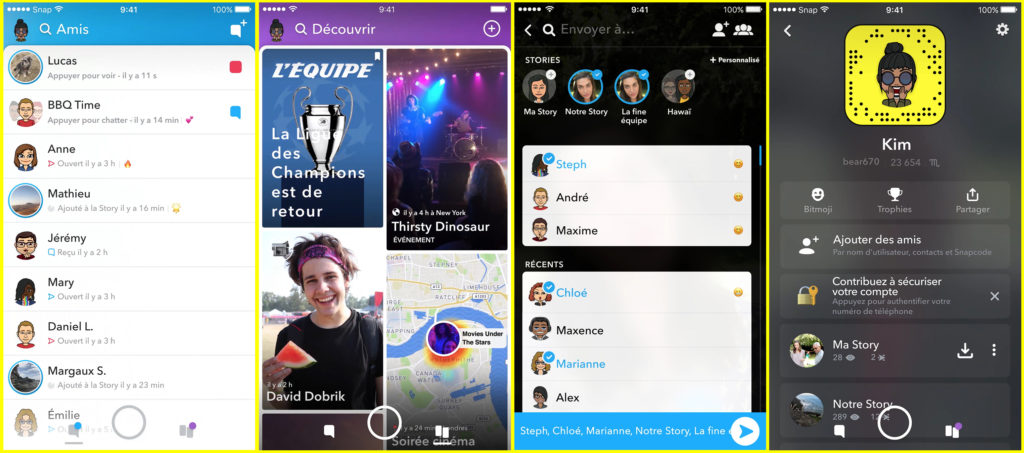 Le nouveau Snapchat, une sucession d'écrans renouvelés pour séparer les contenus « sociaux » des contenus « médias » / Snap. Inc
