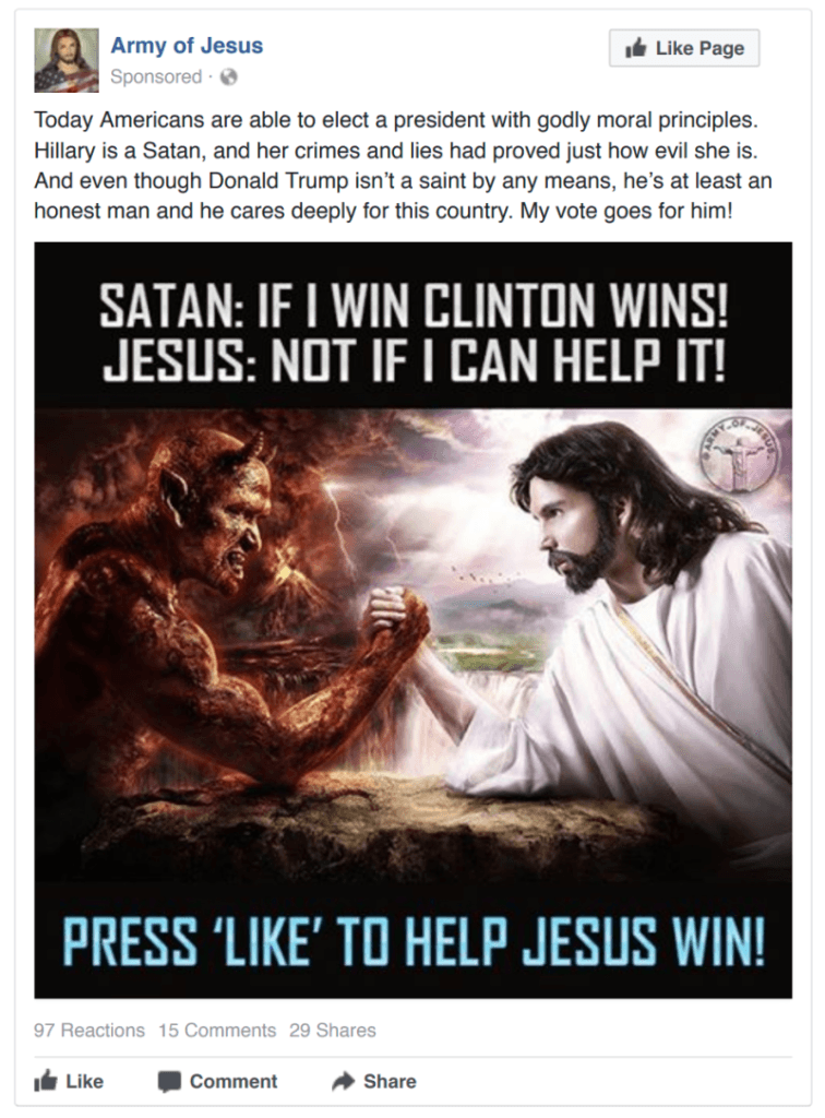 Hillary est (un) Satan, ses crimes et ses mensonges ont prouvé à quel point elle est diabolique. Et même si Donald Trump n'est pas un saint à tout prix, c'est au moins un honnête homme et il se souci profondément de son pays. Mon vote va pour lui! : cette publicité coûtait 64 roubles. 