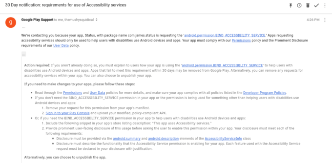 Le mail adressé par Google aux développeurs d'applications. Le mail adressé par Google aux développeurs d'applications.