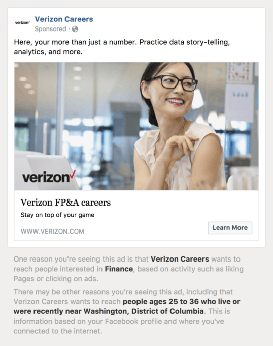 La capture d'une publicité ciblée de Verizon (ProPublica)