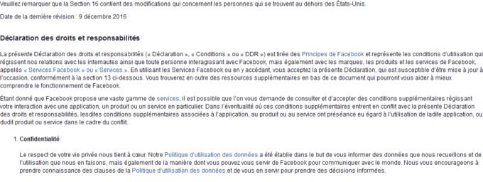 Un extrait des CGU de Facebook. Un extrait des CGU de Facebook.