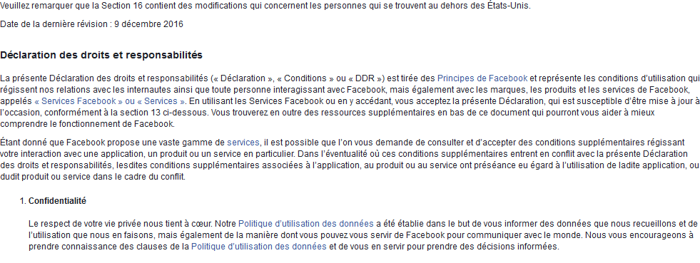 Un extrait des CGU de Facebook. Un extrait des CGU de Facebook.