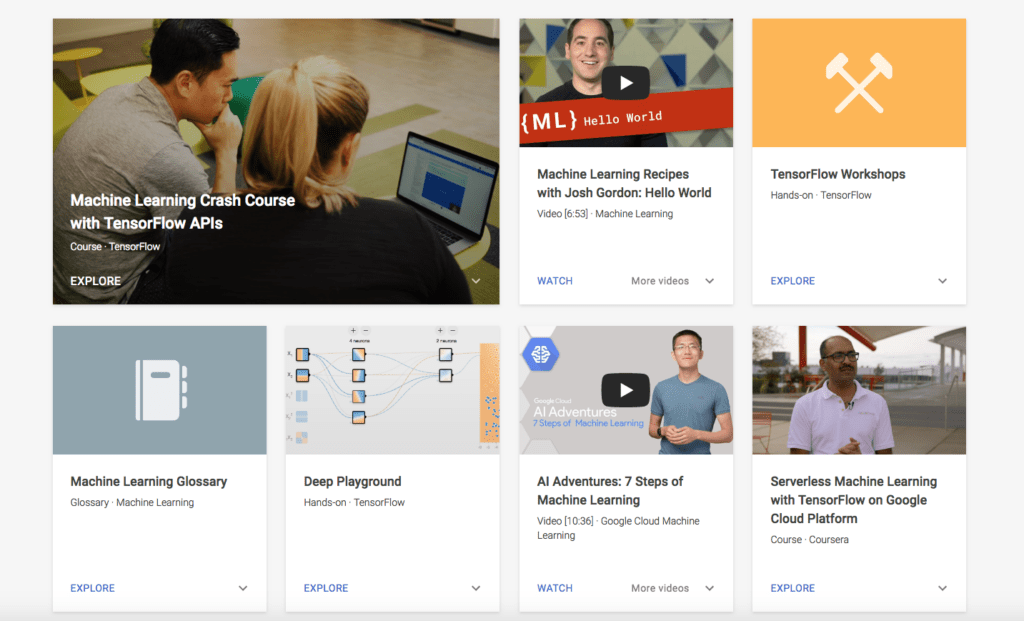 Capture d'écran des différentes ressources disponibles sur la plateforme Learn with Google AI. 