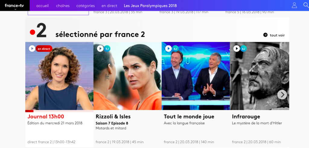 Capture d'écran du mode replay de France TV sur internet.
