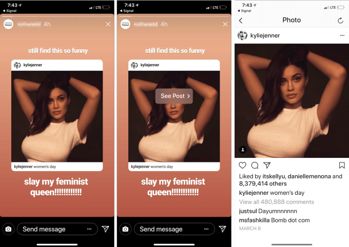 L'interface de la fonctionnalité partage d'Instagram. Crédit : Instagram. 