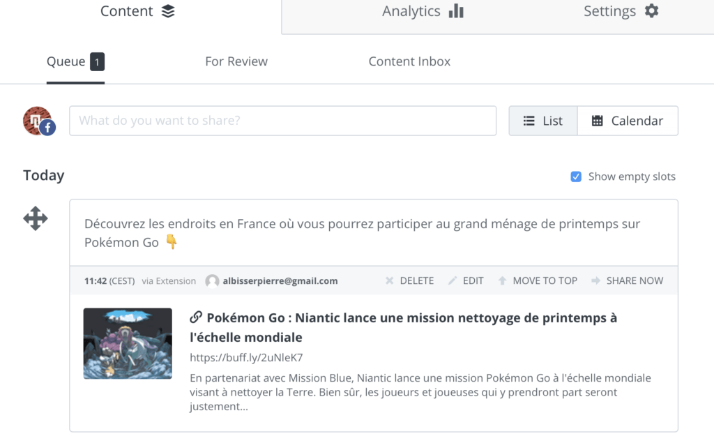 Buffer gère notre page Facebook