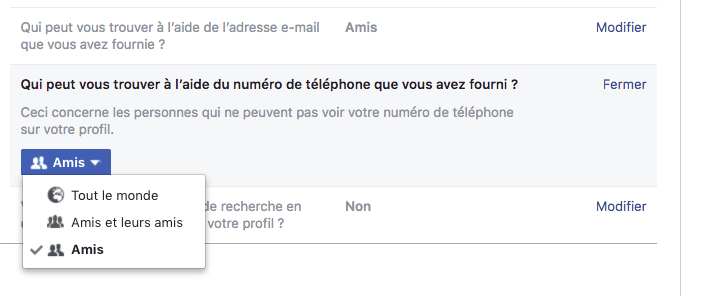 Capture d'écran des paramètres de confidentialité de Facebook Capture d'écran des paramètres de confidentialité de Facebook