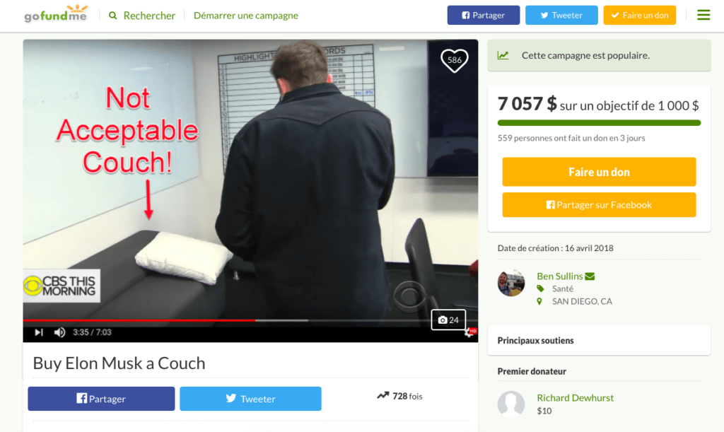 Capture d'écran du GoFundMe ce 20 avril 2018 GoFundMe