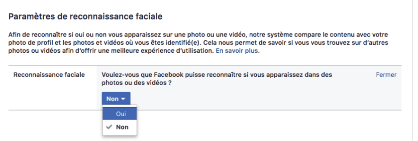 Capture d'écran de paramètres de Facebook. Facebook