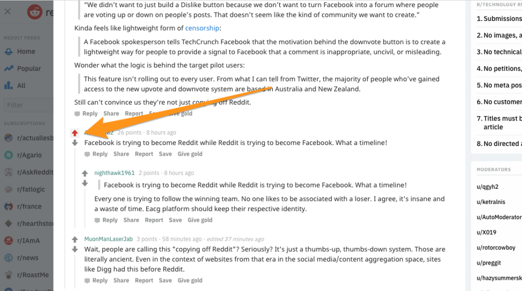 Exemple des flèches upvote et downvote sur un thread du 30 avril 2018. Capture d'écran Reddit. Exemple des flèches upvote et downvote sur un thread du 30 avril 2018. Capture d'écran Reddit.