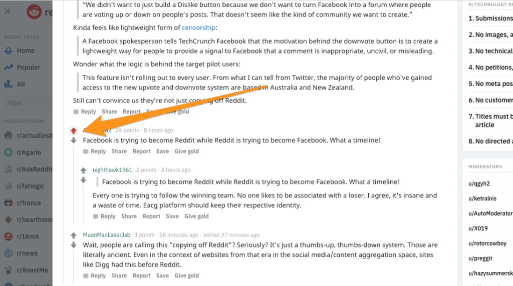 Exemple des flèches upvote et downvote sur un thread du 30 avril 2018. Capture d'écran Reddit.