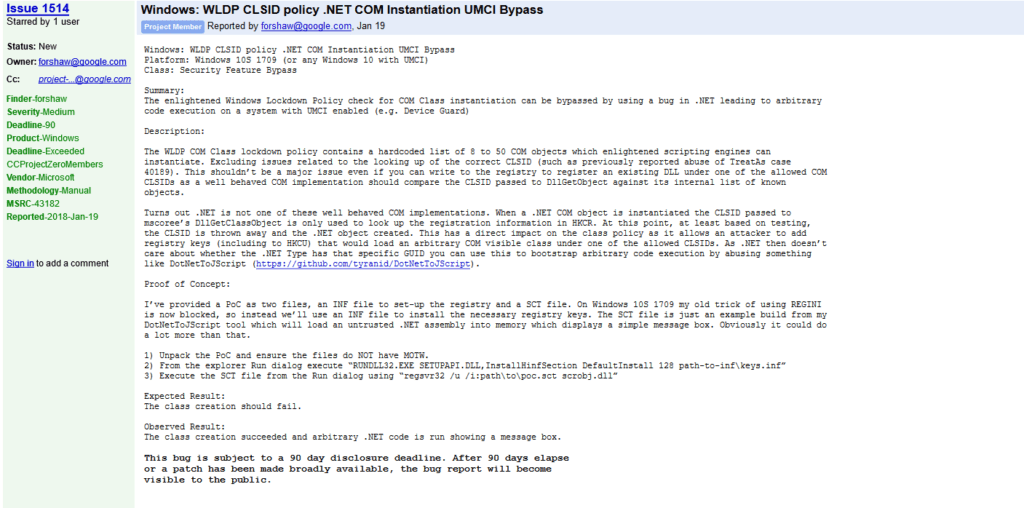 Windows WLDP CLSID policy NET COM Instantiation UMCI Bypass – project-zero – Windows WLDP CLSID policy NET COM Instantiation UMCI Bypass – project-zero –