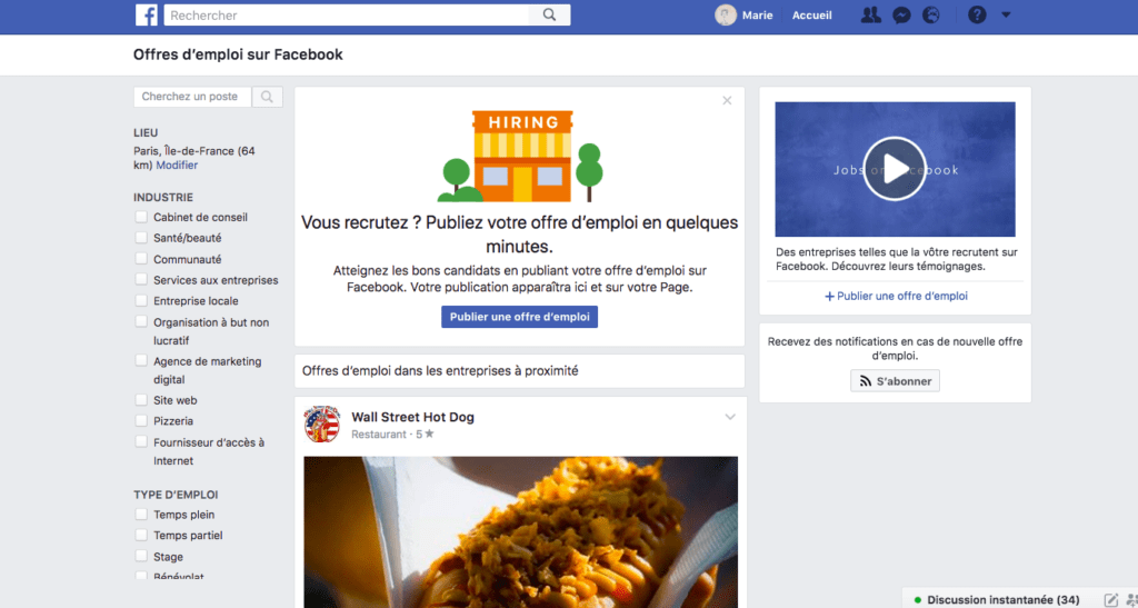 Capture d'écran Facebook Jobs
