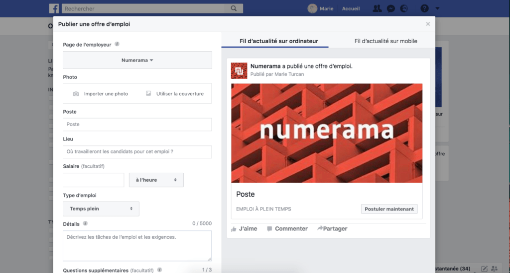 Capture d'écran Facebook Jobs Capture d'écran Facebook Jobs