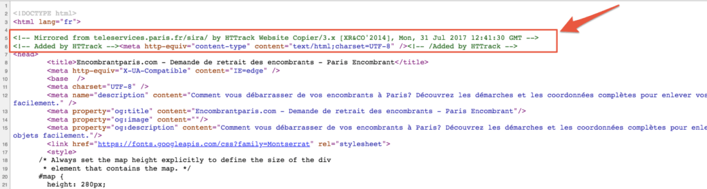 Capture d'écran du code source du site www.encombrantsparis.com