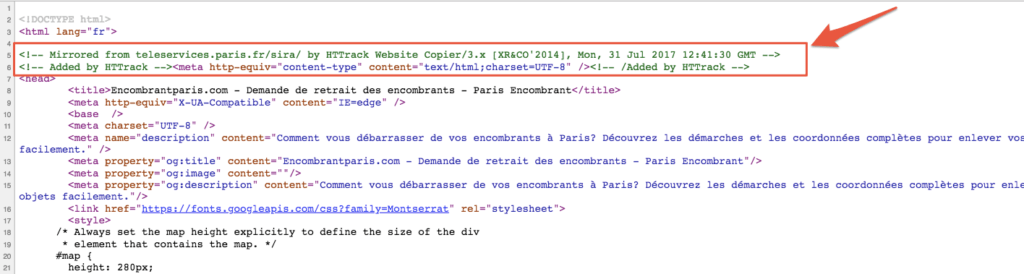 Capture d'écran du code source du site www.encombrantsparis.com Capture d'écran du code source du site www.encombrantsparis.com