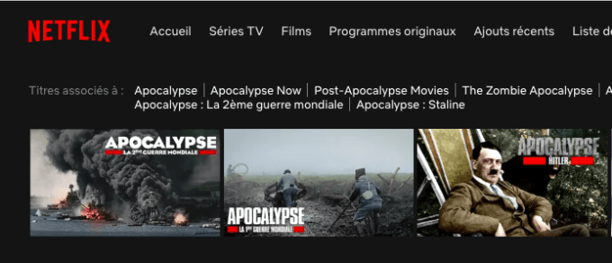 Capture d'écran du catalogue français de Netflix