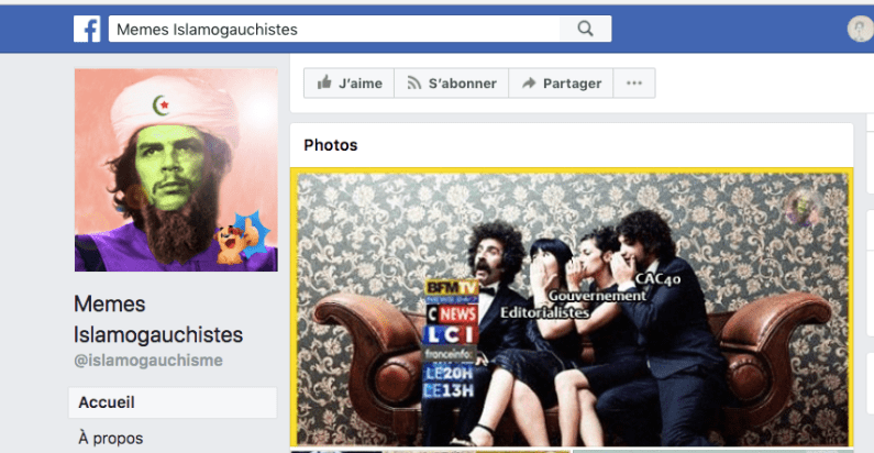 Capture d'écran de la page Facebook Memes Islamogauchistes Capture d'écran de la page Facebook Memes Islamogauchistes