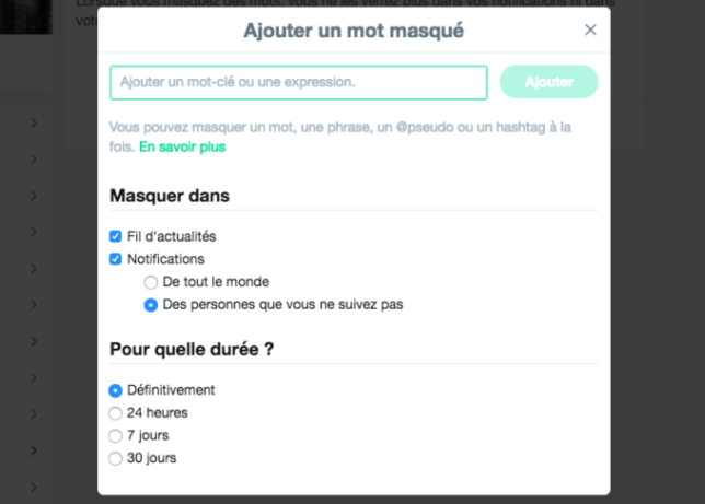 Capture d'écran de l'option "mots cachés" sur Twitter Capture d'écran de l'option "mots cachés" sur Twitter