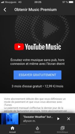 Capture d'écran du forfait YouTube Music Premium proposé sur iPhone