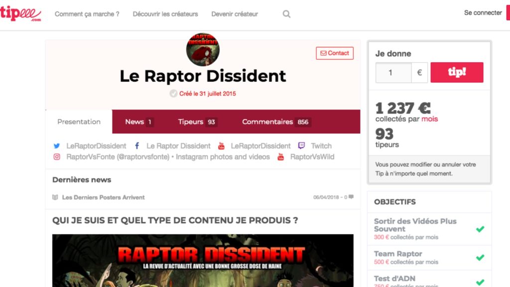 Le compte Tipeee du Raptor Dissident