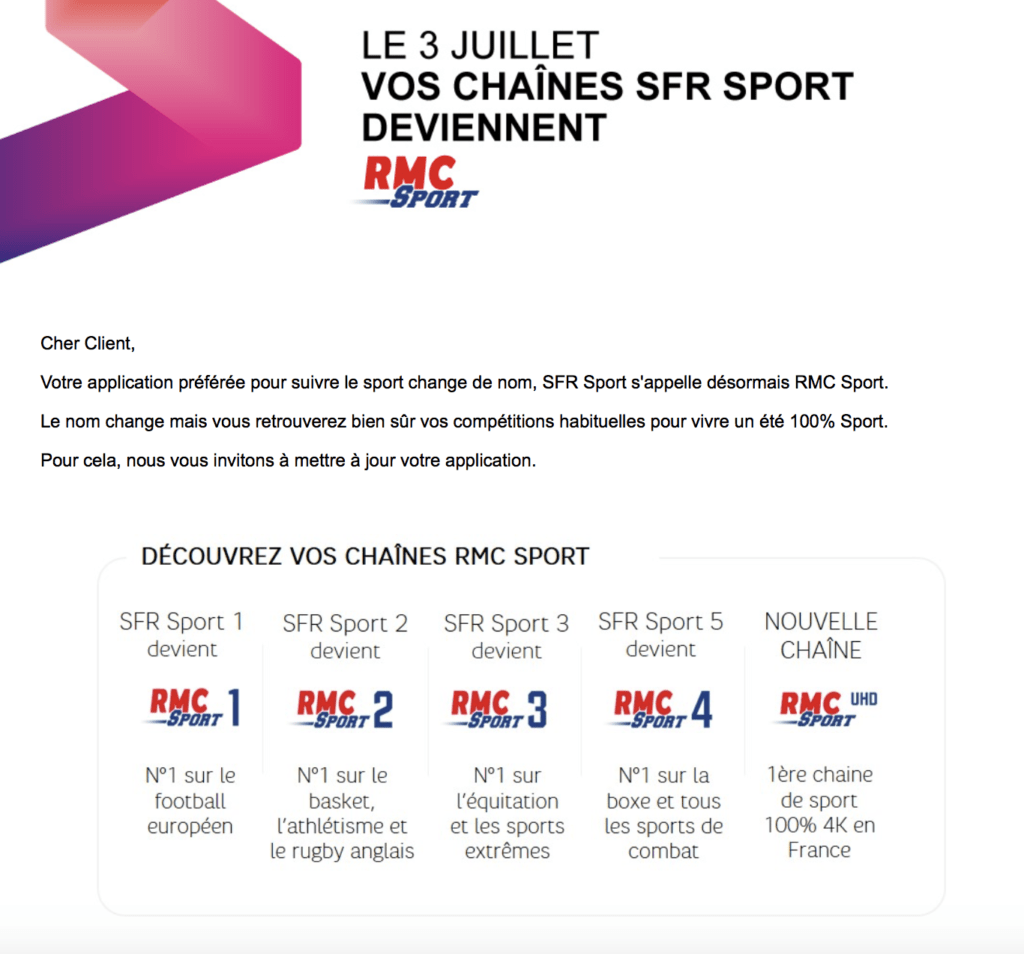 Mail reçu par les abonnés SFR Sport 100 % digital