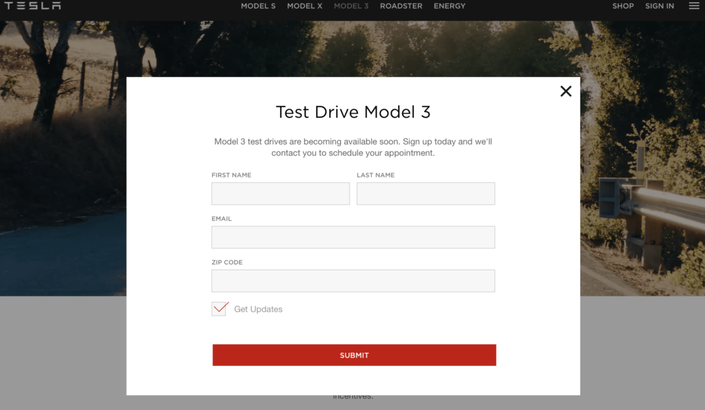 Capture du site officiel Tesla (le 9 juillet 2018)