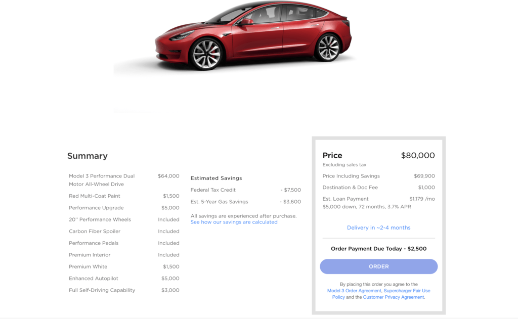 Capture d'écran du configurateur de la Tesla Model 3 (le 11 juillet 2018) Capture d'écran du configurateur de la Tesla Model 3 (le 11 juillet 2018)