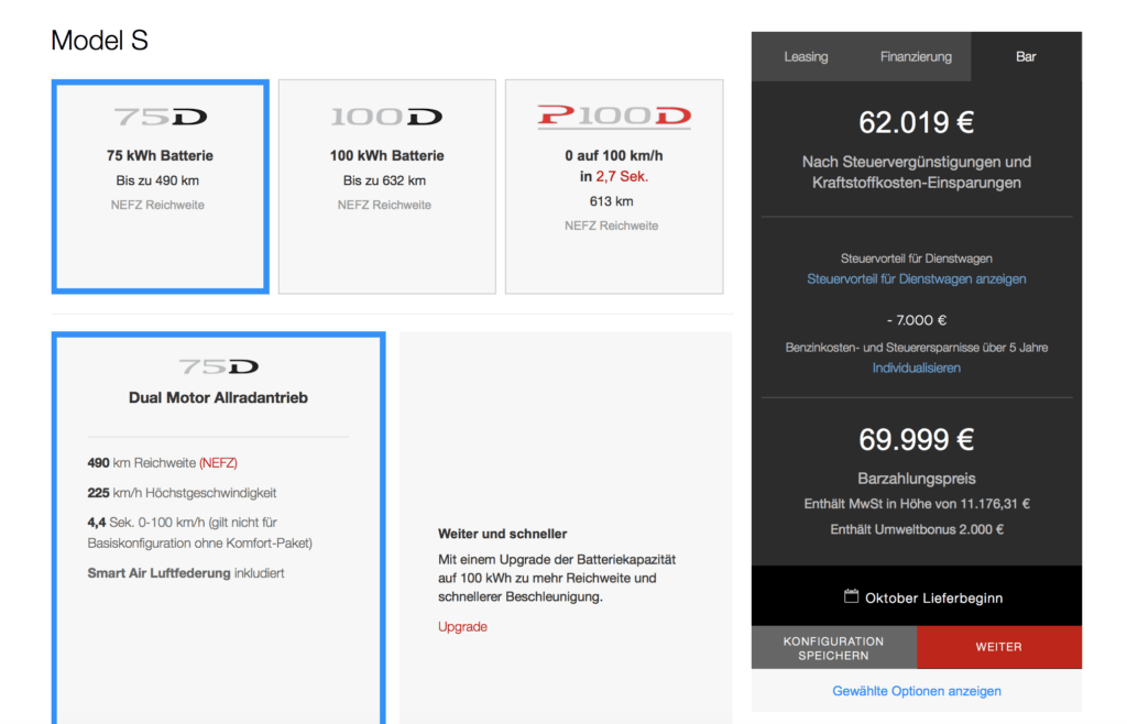 Capture d'écran du site allemand Tesla (le 20 juillet 2018)