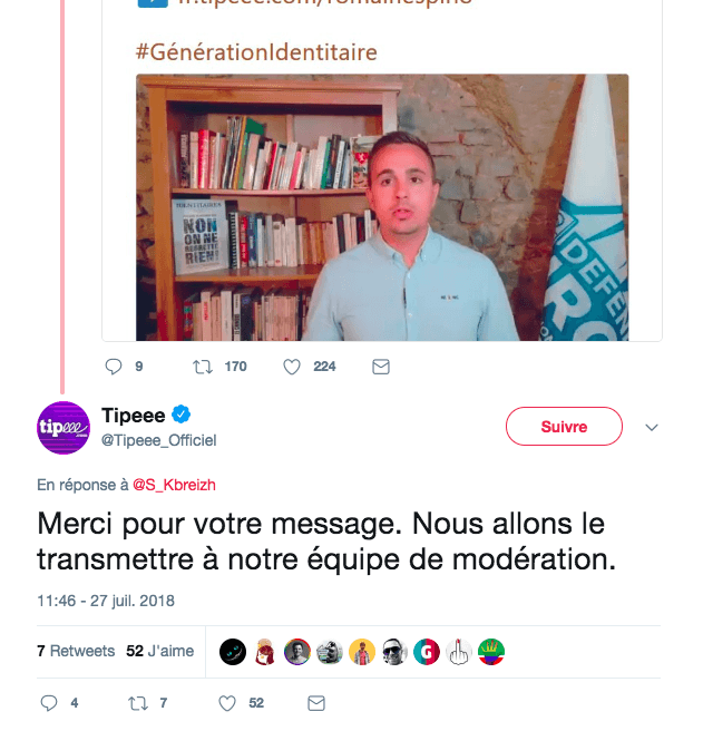 Capture d'écran d'un message envoyé à 11h46 le 27 juillet 2018 Twitter/Tipeee_Officiel