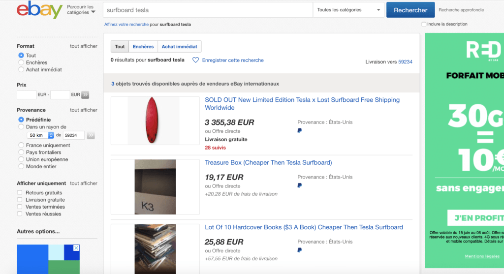Planche de surf Tesla eBay // Source : Capture d'écran du 6 août 2018 Planche de surf Tesla eBay // Source : Capture d'écran du 6 août 2018