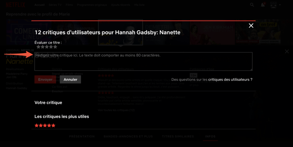 Capture d'écran de l'onglet INFOS de Netflix