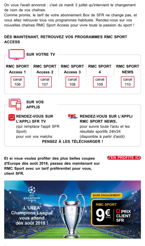 Copie du mail reçu pour les abonnés SFR 