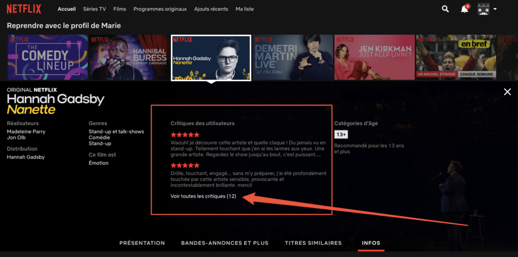 Capture d'écran de l'onglet INFOS de Netflix Capture d'écran de l'onglet INFOS de Netflix