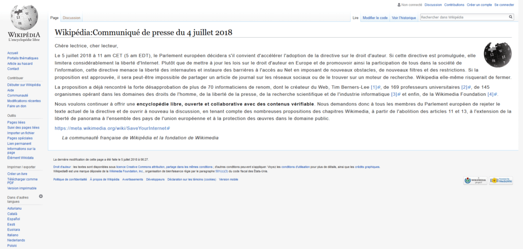 Wikipédia Communiqué de presse du 4 juillet 2018