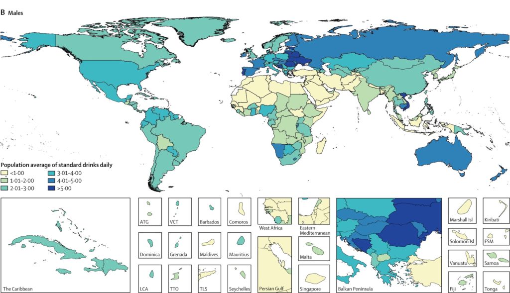 Consommation moyenne d'alcool dans le monde // Source : IHME